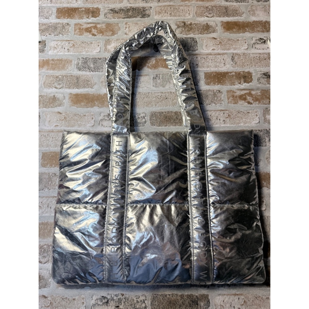 Bath & Body Works Metallic Silver Puffer Tote Bag Quilted Logo Strap Shoulder Ba